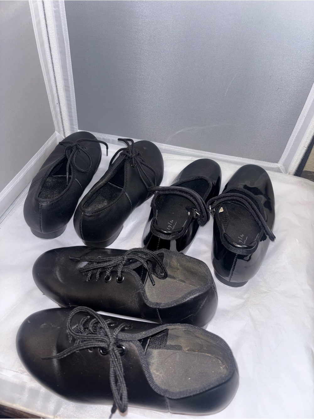 Three girls tap dance shoes (dance bags, clothes, and other shoes separate list)